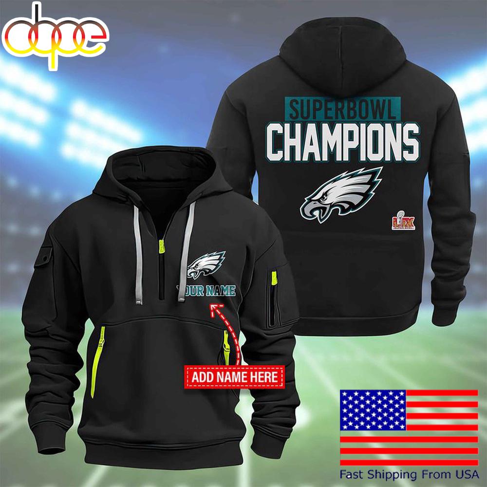 NFL Philadelphia Eagles Custom Name Super Bowl LIX Quarter Zip Hoodie