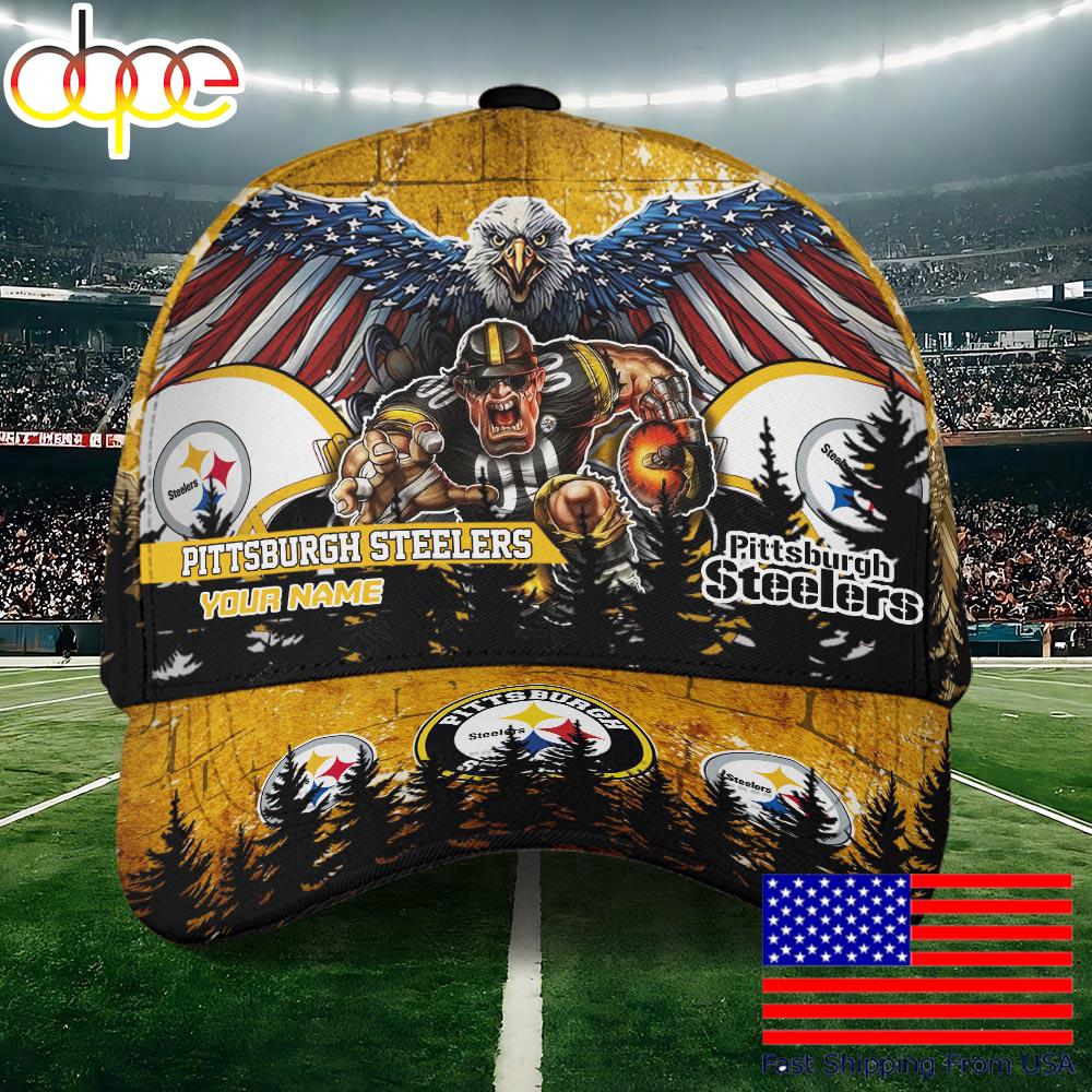 NFL Pittsburgh Steelers Mascot Logo Custom Name Baseball Cap  For Fans