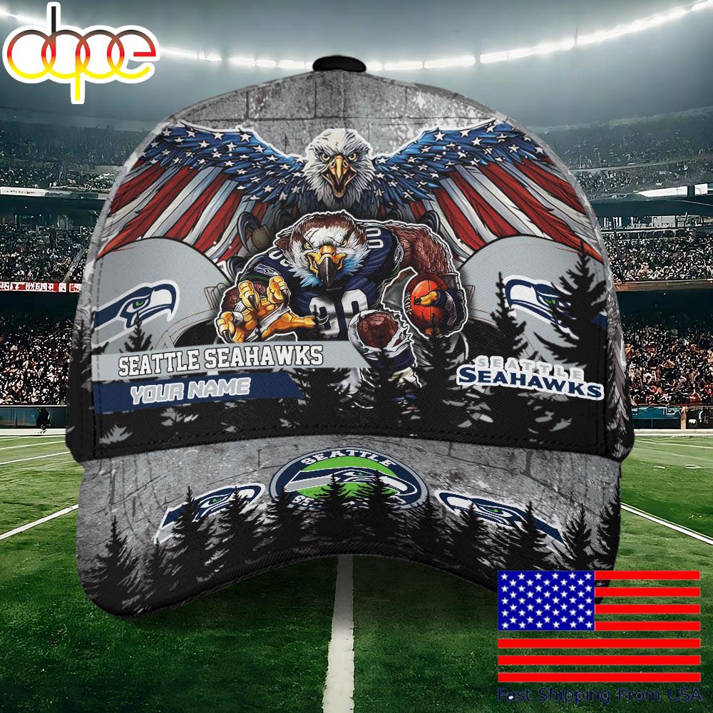 NFL Seattle Seahawks Mascot Logo Custom Name Baseball Cap  For Fans
