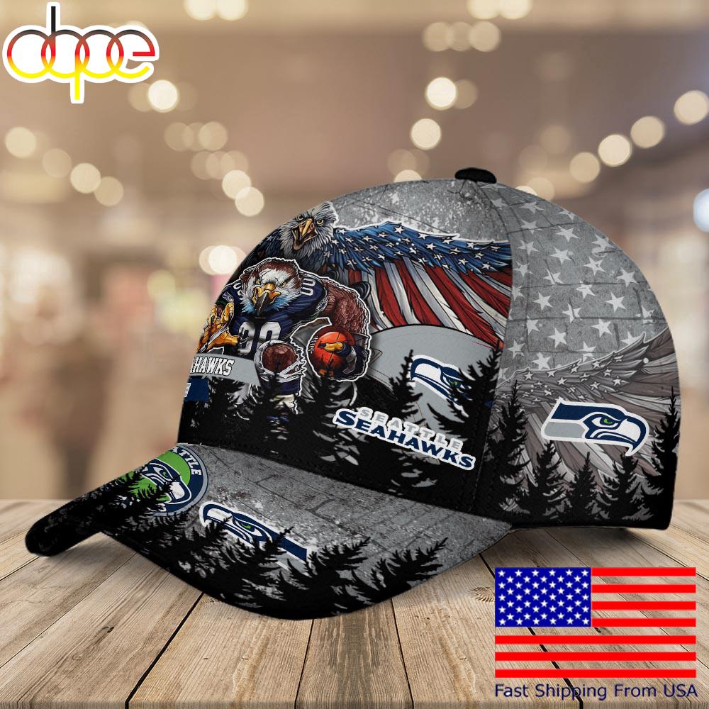 NFL Seattle Seahawks Mascot Logo Custom Name Baseball Cap  For Fans